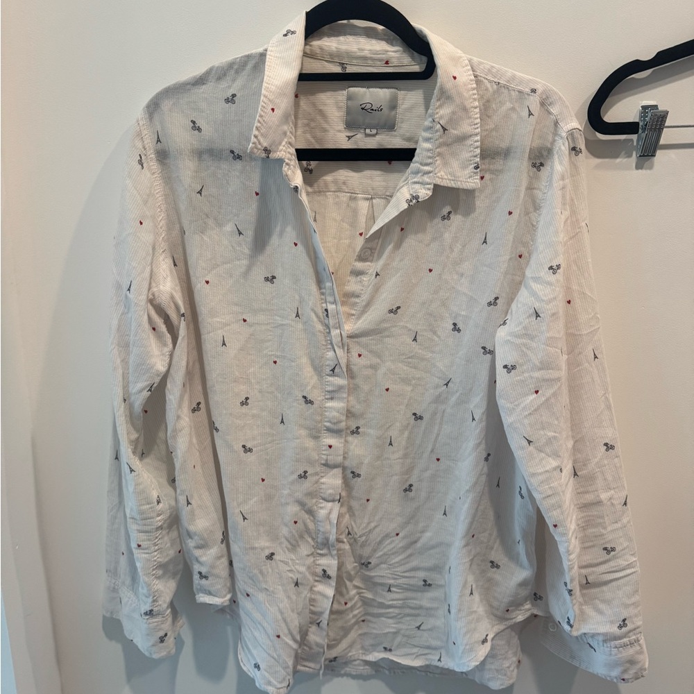 Rails Paris White Button-Up Shirt with Subtle Print Eiffel Tower, Bikes, Hearts
